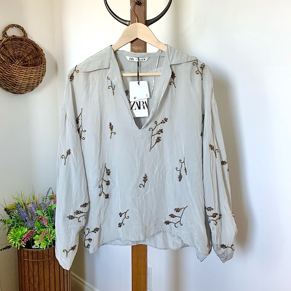 NWT Zara Limited Edition Embellished Jewel Top Gray LG - Picture 2 of 14